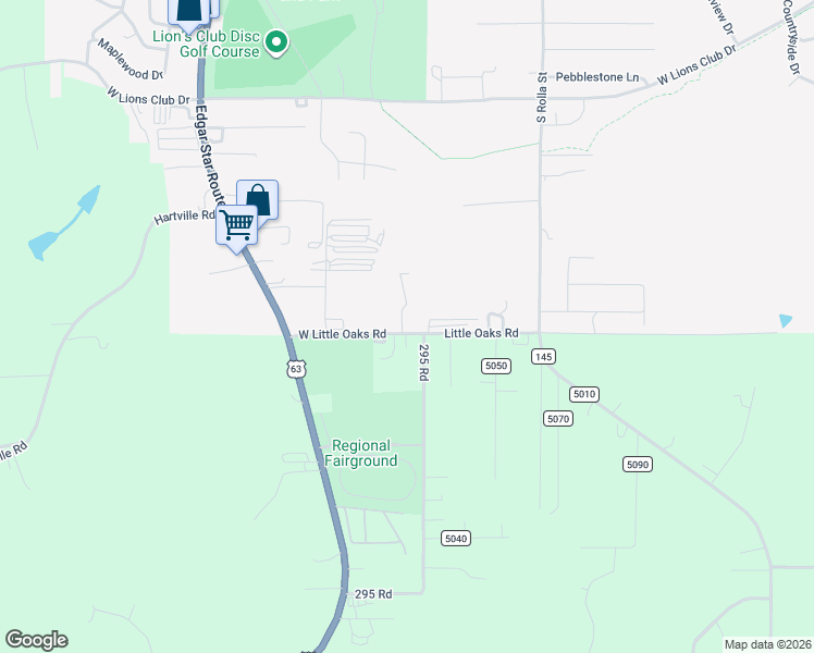 map of restaurants, bars, coffee shops, grocery stores, and more near 438 Little Oaks Road in Rolla