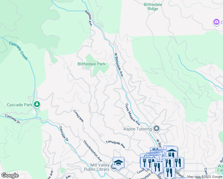 map of restaurants, bars, coffee shops, grocery stores, and more near 36 Magee Avenue in Mill Valley