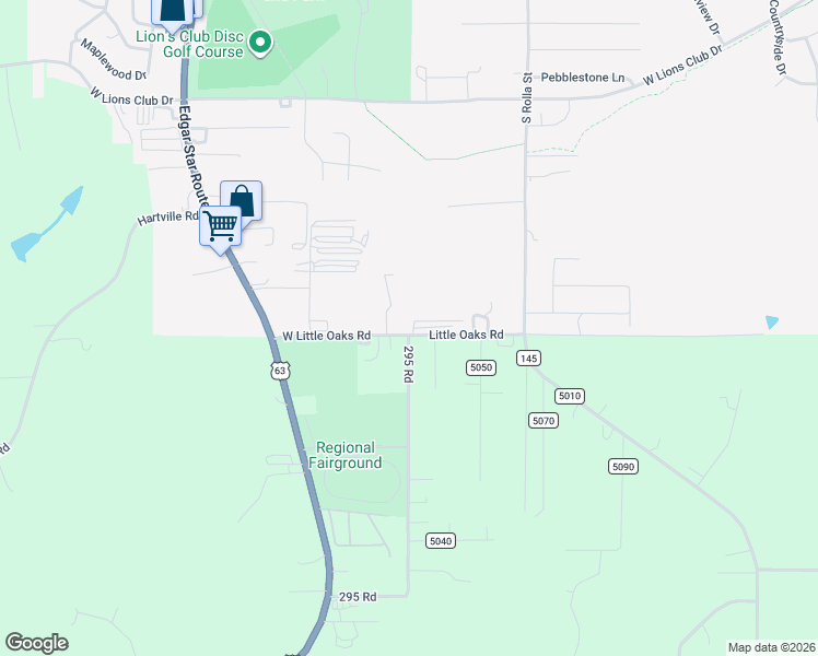 map of restaurants, bars, coffee shops, grocery stores, and more near 438 Little Oaks Road in Rolla