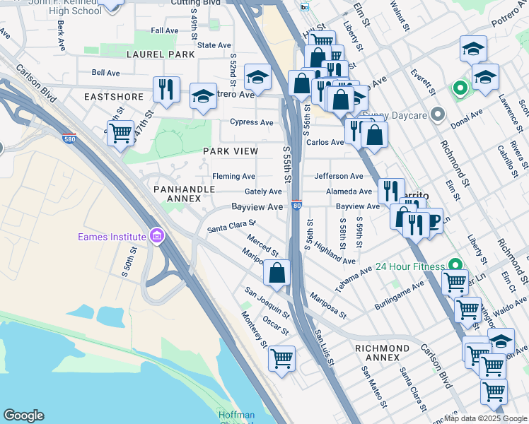 map of restaurants, bars, coffee shops, grocery stores, and more near 5314 Bayview Avenue in Richmond