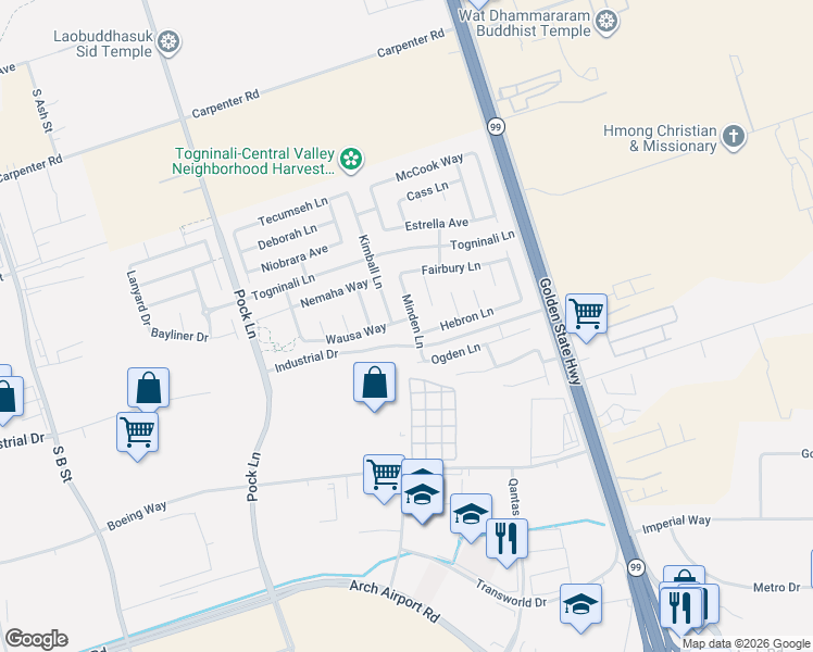 map of restaurants, bars, coffee shops, grocery stores, and more near 2988 Wausa Way in Stockton