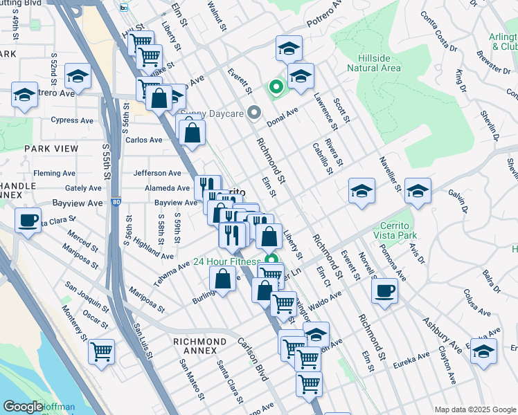 map of restaurants, bars, coffee shops, grocery stores, and more near 1201 Liberty Street in El Cerrito