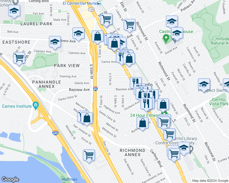 map of restaurants, bars, coffee shops, grocery stores, and more near 5800 Bayview Avenue in Richmond