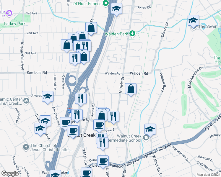 map of restaurants, bars, coffee shops, grocery stores, and more near 160 Shady Lane in Walnut Creek