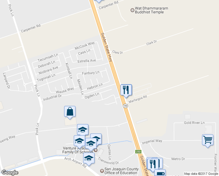 map of restaurants, bars, coffee shops, grocery stores, and more near 3263 Ogden Lane in Stockton
