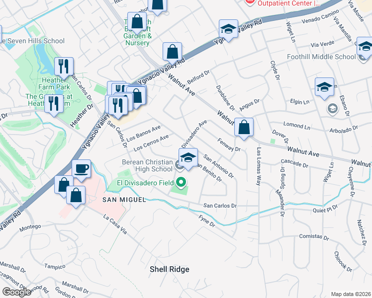 map of restaurants, bars, coffee shops, grocery stores, and more near 289 El Divisadero Avenue in Walnut Creek
