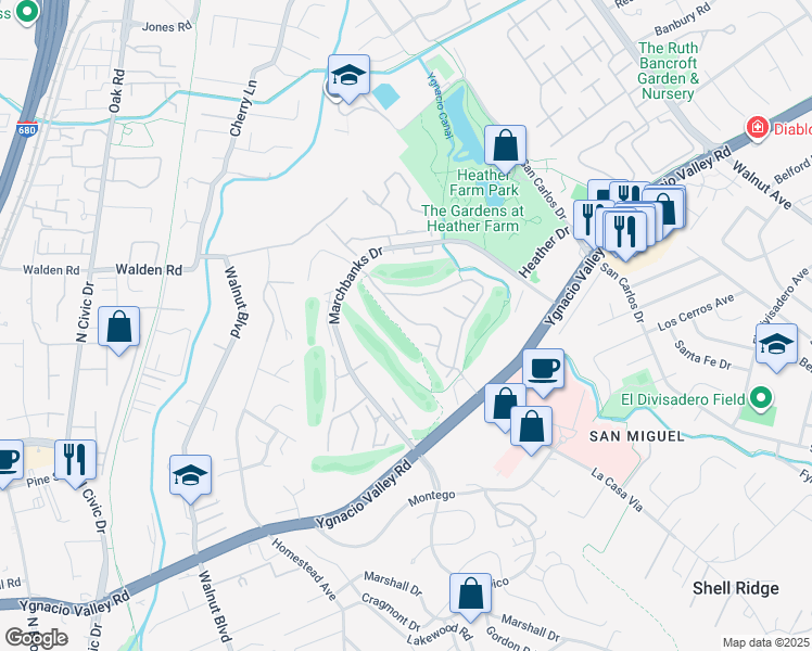 map of restaurants, bars, coffee shops, grocery stores, and more near 347 Kinross Drive in Walnut Creek