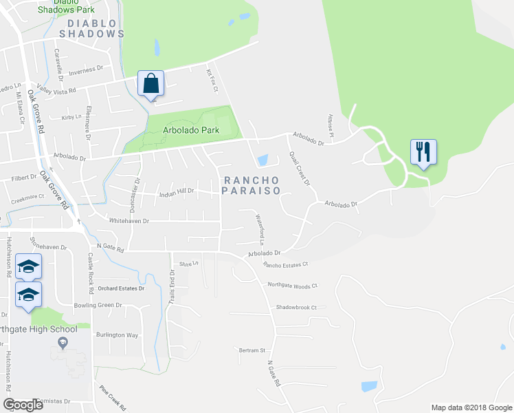 map of restaurants, bars, coffee shops, grocery stores, and more near 3717 Waterford Lane in Walnut Creek