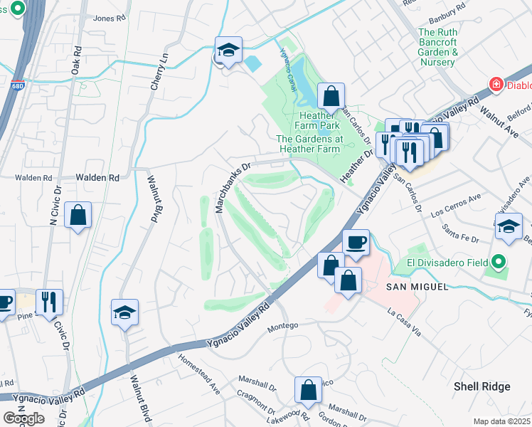 map of restaurants, bars, coffee shops, grocery stores, and more near 347 Kinross Drive in Walnut Creek