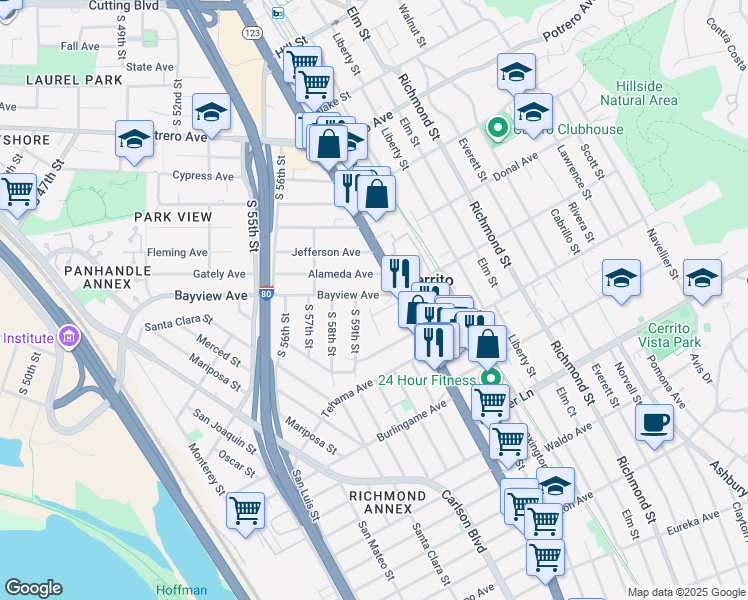 map of restaurants, bars, coffee shops, grocery stores, and more near 6000 Bayview Avenue in Richmond