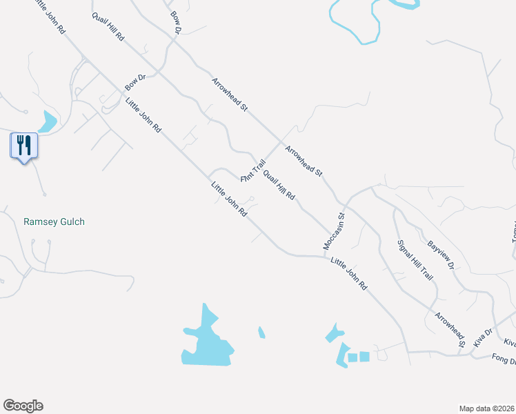 map of restaurants, bars, coffee shops, grocery stores, and more near 4457 Little John Road in Copperopolis