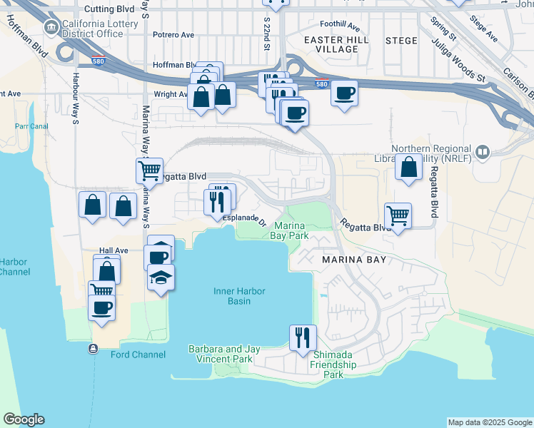 map of restaurants, bars, coffee shops, grocery stores, and more near 1203 Melville Square in Richmond