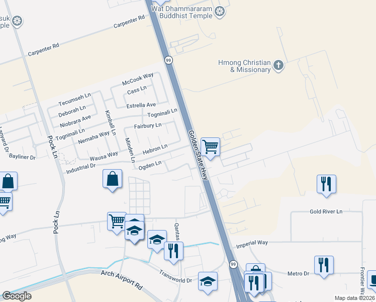 map of restaurants, bars, coffee shops, grocery stores, and more near 3263 Ogden Lane in Stockton
