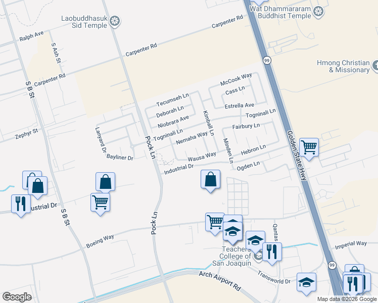map of restaurants, bars, coffee shops, grocery stores, and more near 4149 Chadron Court in Stockton