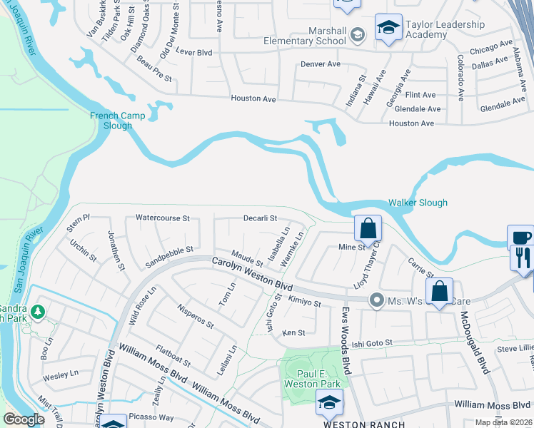 map of restaurants, bars, coffee shops, grocery stores, and more near 1725 Decarli Street in Stockton