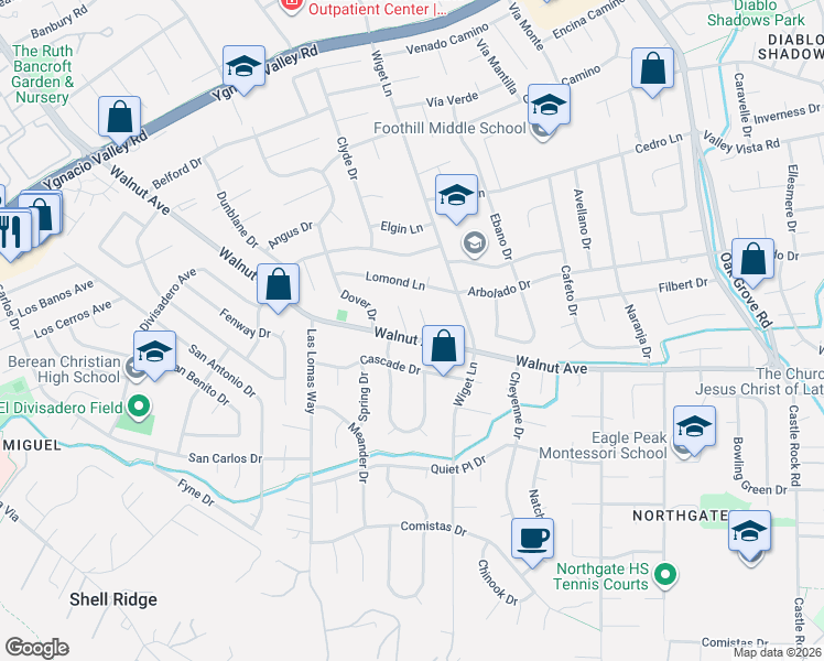 map of restaurants, bars, coffee shops, grocery stores, and more near 698 Monaco Court in Walnut Creek