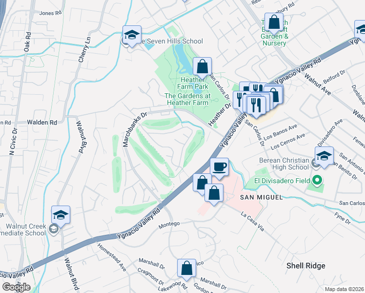 map of restaurants, bars, coffee shops, grocery stores, and more near 201 Whitney Court in Walnut Creek