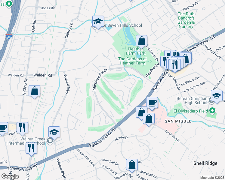 map of restaurants, bars, coffee shops, grocery stores, and more near 359 Kinross Drive in Walnut Creek