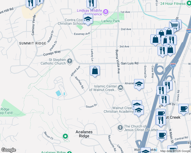 map of restaurants, bars, coffee shops, grocery stores, and more near 1984 Montclair Circle in Walnut Creek