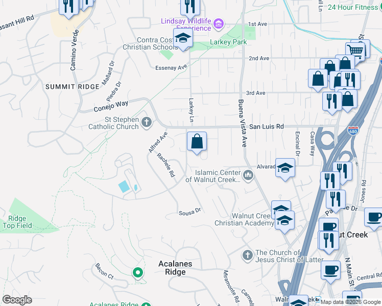 map of restaurants, bars, coffee shops, grocery stores, and more near 1984 Montclair Circle in Walnut Creek