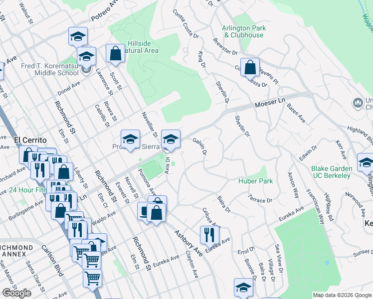 map of restaurants, bars, coffee shops, grocery stores, and more near 960 Avis Drive in El Cerrito