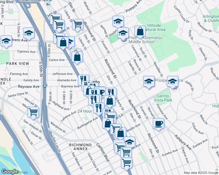 map of restaurants, bars, coffee shops, grocery stores, and more near 1201 Liberty Street in El Cerrito