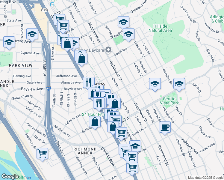map of restaurants, bars, coffee shops, grocery stores, and more near 1201 Liberty Street in El Cerrito