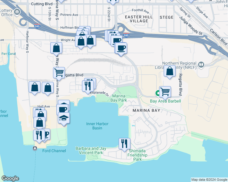 map of restaurants, bars, coffee shops, grocery stores, and more near in Richmond