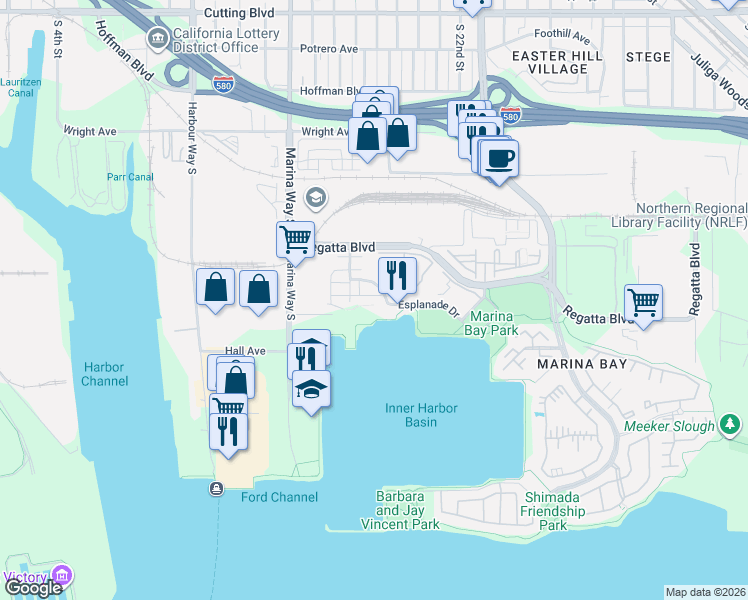 map of restaurants, bars, coffee shops, grocery stores, and more near 2200 Day Sailor Court in Richmond