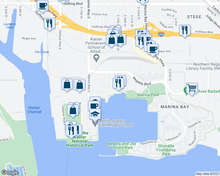 map of restaurants, bars, coffee shops, grocery stores, and more near 2357 Northshore Drive in Richmond