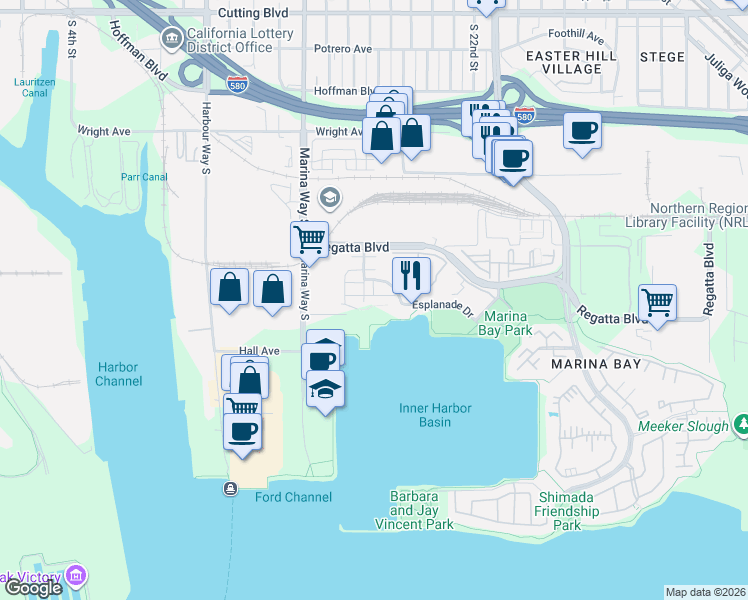 map of restaurants, bars, coffee shops, grocery stores, and more near 2357 Northshore Drive in Richmond