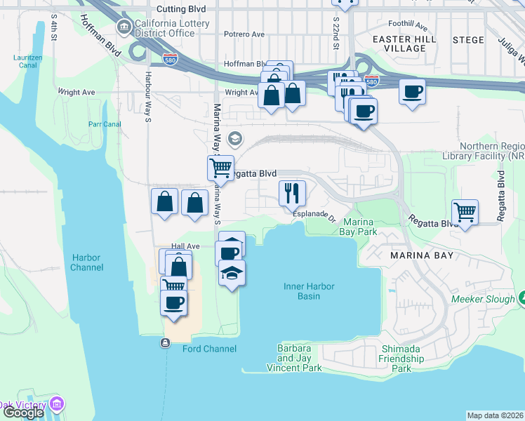 map of restaurants, bars, coffee shops, grocery stores, and more near 2357 Northshore Drive in Richmond