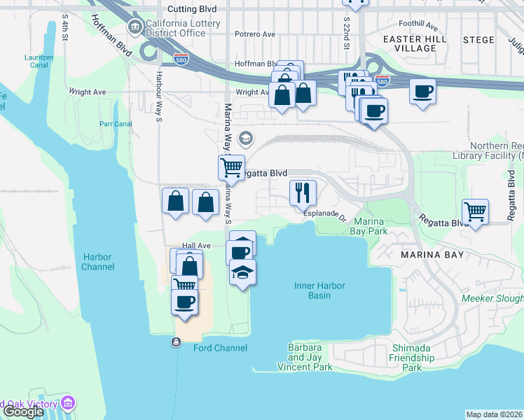 map of restaurants, bars, coffee shops, grocery stores, and more near 2357 Northshore Drive in Richmond