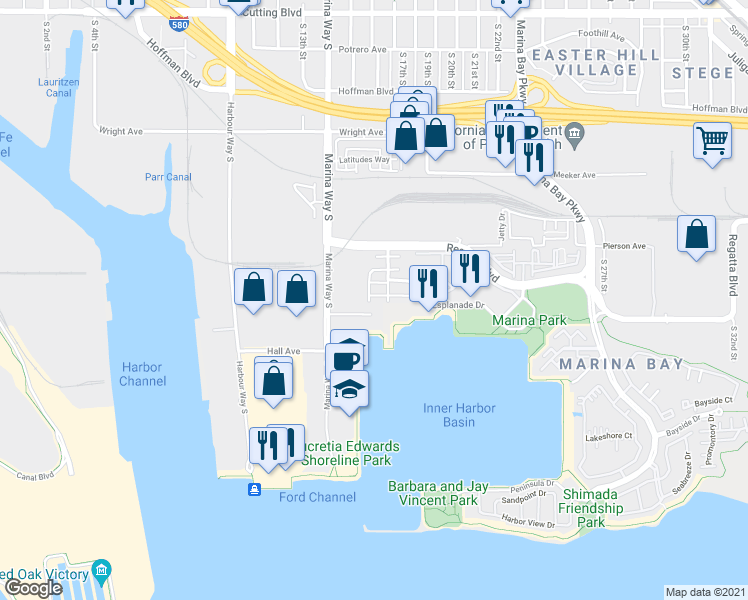 map of restaurants, bars, coffee shops, grocery stores, and more near 2357 Northshore Drive in Richmond