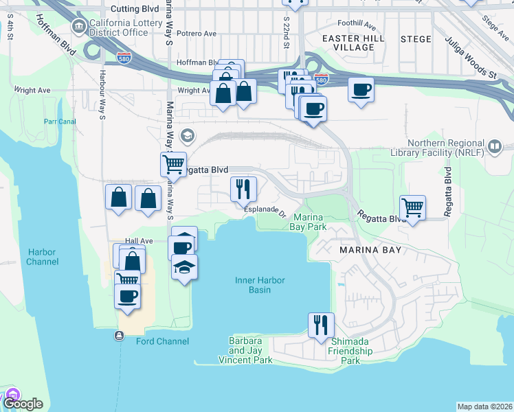 map of restaurants, bars, coffee shops, grocery stores, and more near 185 Schooner Court in Richmond