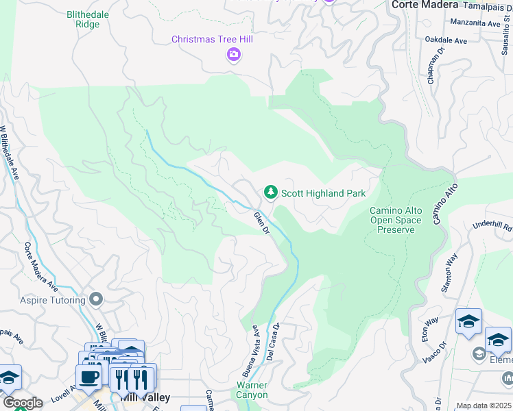 map of restaurants, bars, coffee shops, grocery stores, and more near 10 Glen Dr in Mill Valley