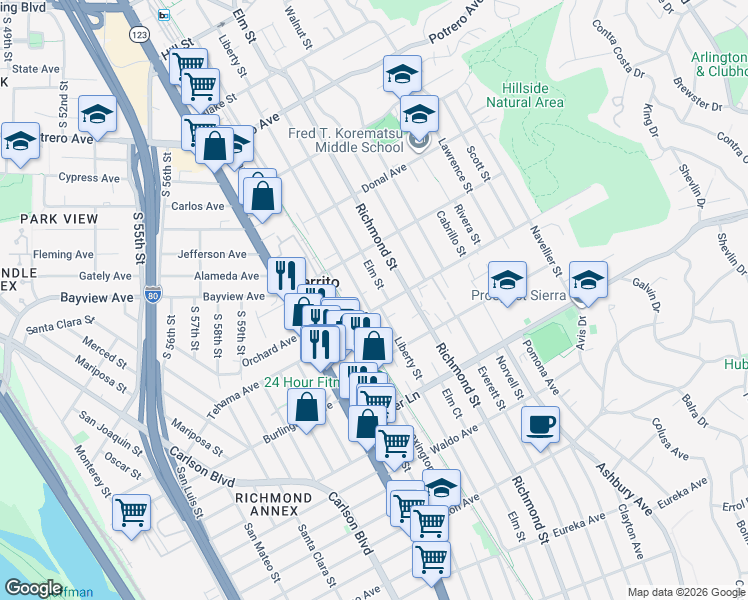 map of restaurants, bars, coffee shops, grocery stores, and more near 1201 Liberty Street in El Cerrito
