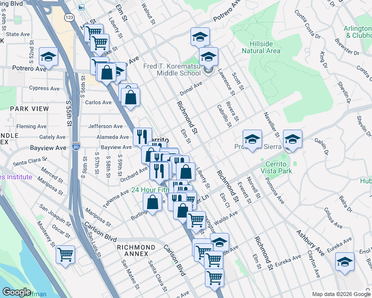 map of restaurants, bars, coffee shops, grocery stores, and more near 6615 Schmidt Lane in El Cerrito