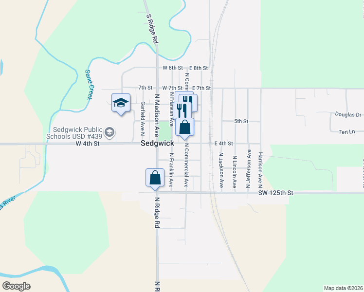 map of restaurants, bars, coffee shops, grocery stores, and more near 315 North Commercial Avenue in Sedgwick
