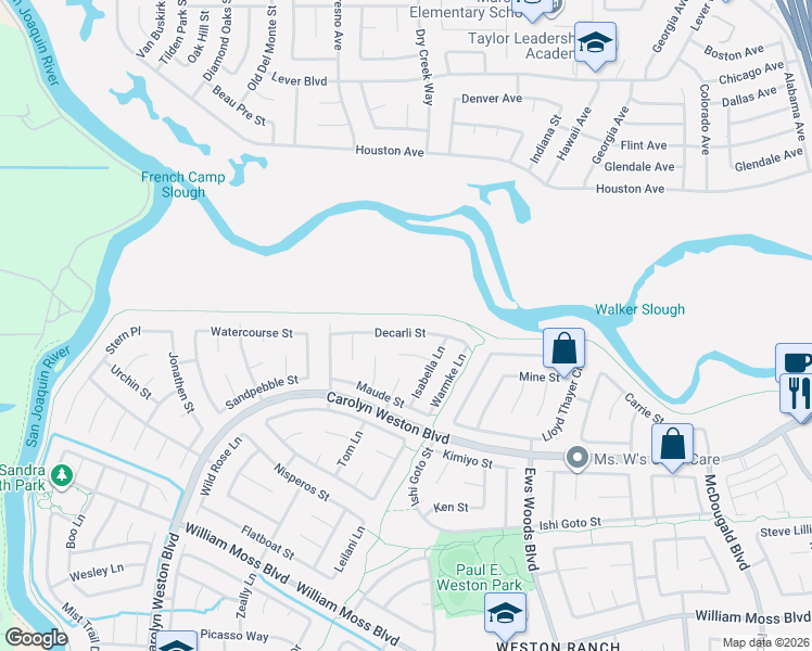 map of restaurants, bars, coffee shops, grocery stores, and more near 1725 Decarli Street in Stockton