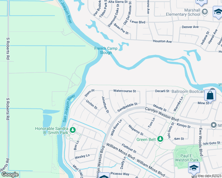 map of restaurants, bars, coffee shops, grocery stores, and more near 2131 Watercourse Street in Stockton