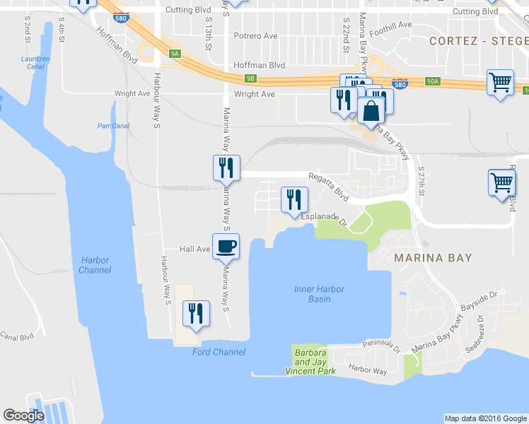 map of restaurants, bars, coffee shops, grocery stores, and more near 2357 Northshore Drive in Richmond
