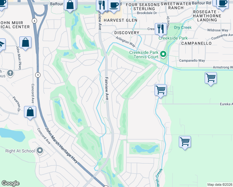 map of restaurants, bars, coffee shops, grocery stores, and more near 703 Stewart Way in Brentwood