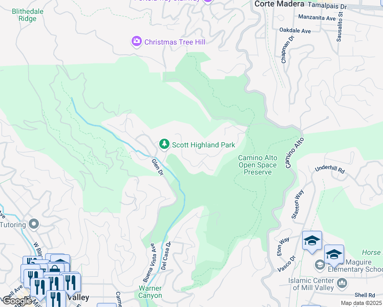 map of restaurants, bars, coffee shops, grocery stores, and more near 7 Dawn Pl in Mill Valley