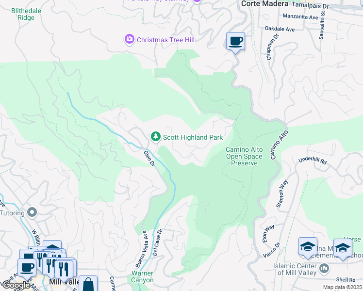 map of restaurants, bars, coffee shops, grocery stores, and more near 7 Dawn Place in Mill Valley