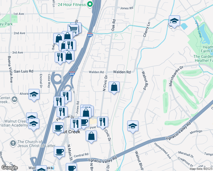 map of restaurants, bars, coffee shops, grocery stores, and more near 502 North Civic Drive in Walnut Creek