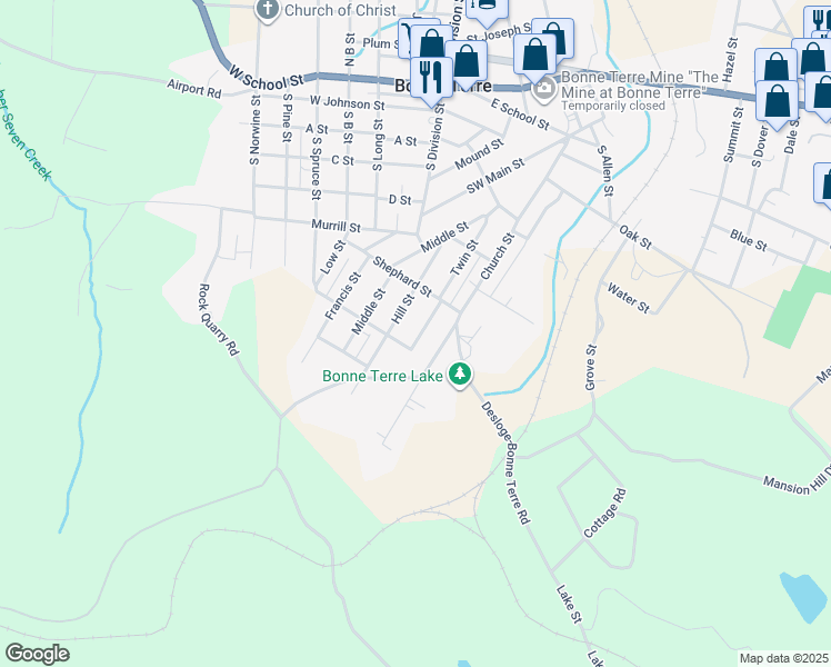 map of restaurants, bars, coffee shops, grocery stores, and more near 221 Twin Street in Bonne Terre