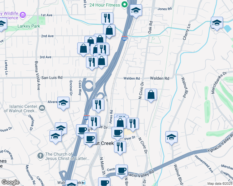 map of restaurants, bars, coffee shops, grocery stores, and more near 600 Chandon Court in Walnut Creek