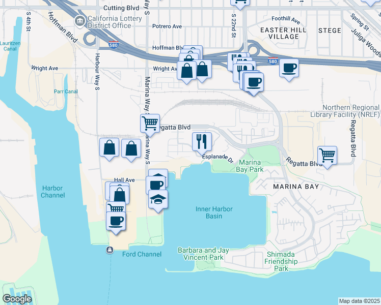 map of restaurants, bars, coffee shops, grocery stores, and more near 2200 Day Sailor Court in Richmond