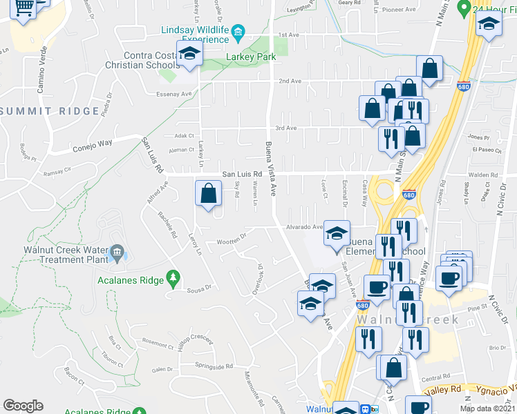 map of restaurants, bars, coffee shops, grocery stores, and more near 2430 Warren Lane in Walnut Creek